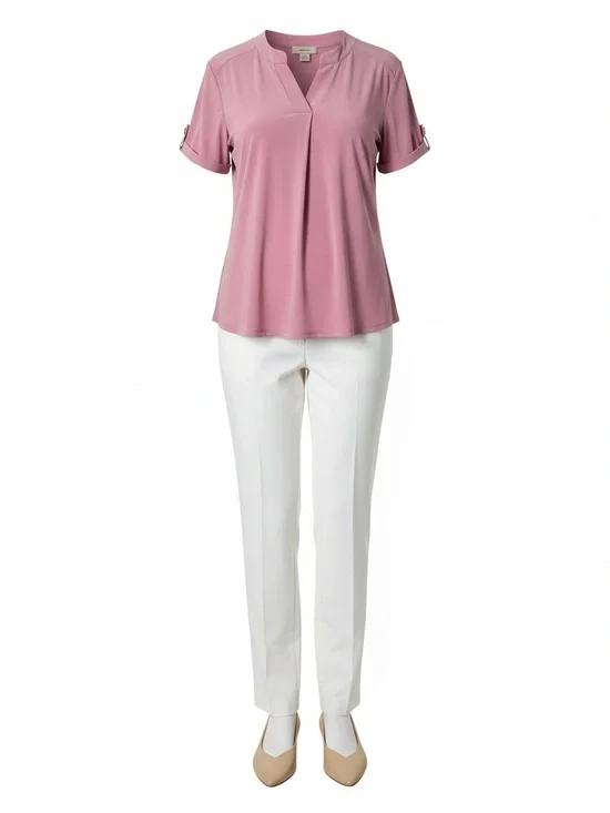 Women’s Roll-Sleeve V-Neck Top in Dusty Rose - Picture 3 of 7
